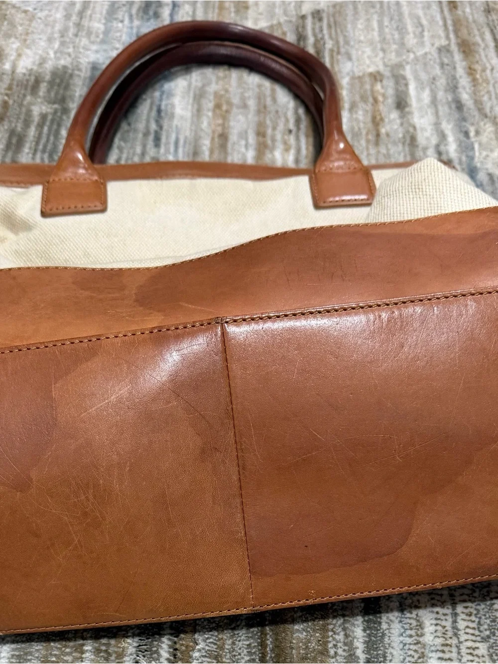 Tory Burch Cream Canvas and Tan Leather Tote